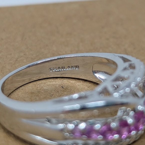 Sterling Silver 925 Love Ring With Pink Stones Size 7 Thailand - Picture 5 of 5